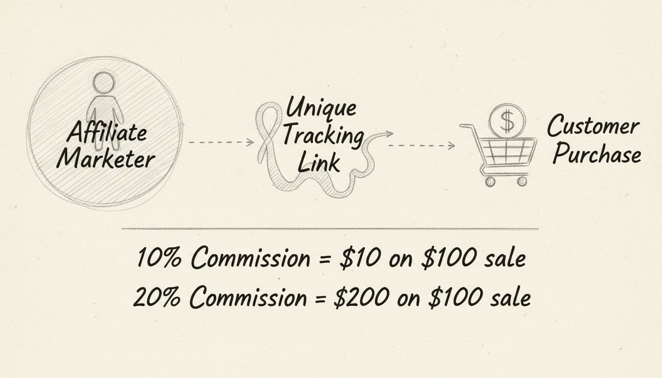 Diagrama a mano alzada que muestra la estructura de comisiones en marketing de afiliados con enlaces de seguimiento y cálculos de comisiones