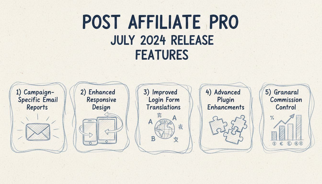 Características de la actualización de julio 2024 de Post Affiliate Pro: informes por campaña, diseño responsivo, traducciones, mejoras en plugins, control de comisiones