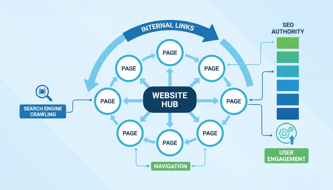Diagrama de estructura de enlaces de un sitio web mostrando enlaces internos, navegación, autoridad SEO, interacción del usuario y rastreo de motores de búsqueda