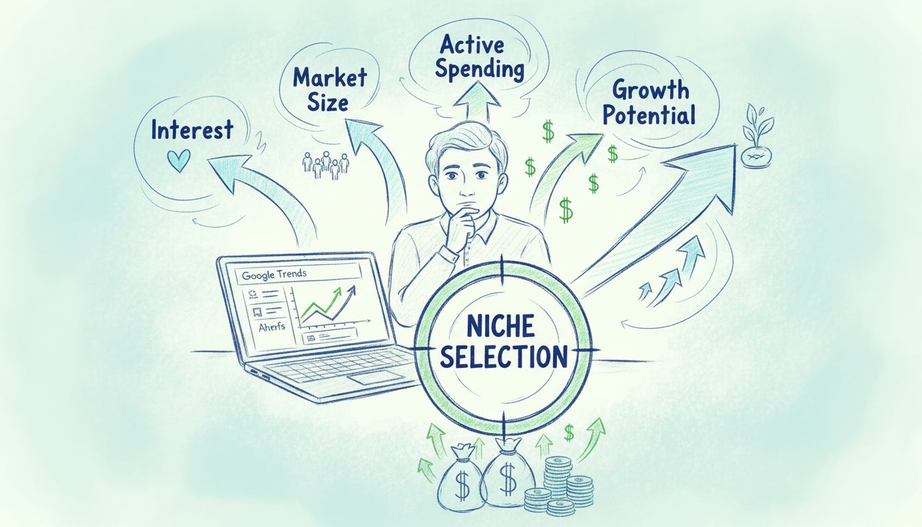 Diagrama hecho a mano que muestra el proceso de selección de nichos con herramientas de análisis, símbolo de objetivo, flechas de crecimiento y factores clave como interés, tamaño de mercado, gasto activo y potencial de crecimiento