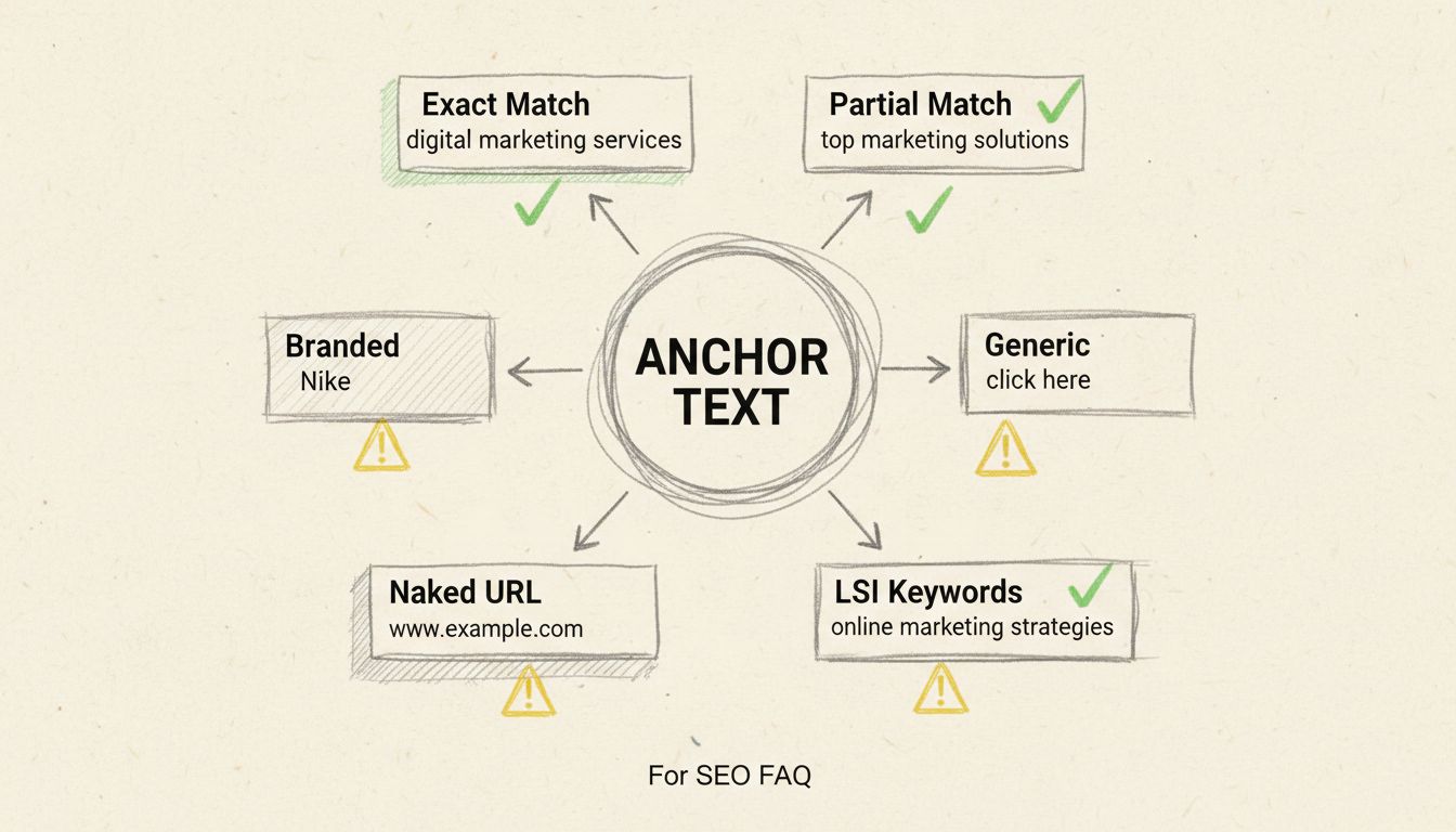 Diagrama hecho a mano mostrando diferentes tipos de texto ancla para SEO incluyendo coincidencia exacta, coincidencia parcial, de marca, genérico, URL desnuda y palabras clave LSI con indicadores visuales de efectividad SEO