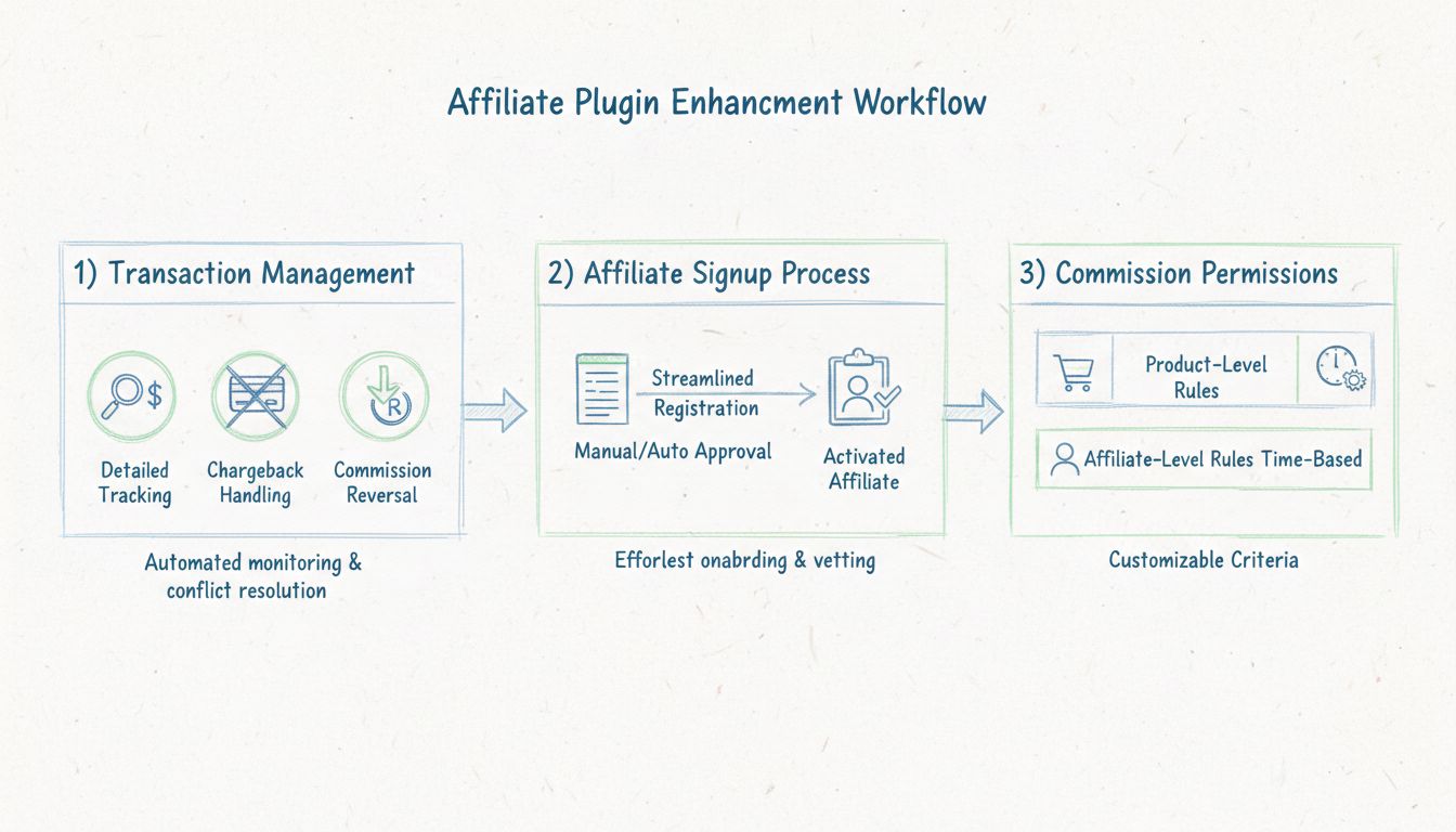 Diagrama de flujo de mejoras de plugins de afiliados mostrando gestión de transacciones, proceso de registro de afiliados y permisos de comisión con criterios personalizables