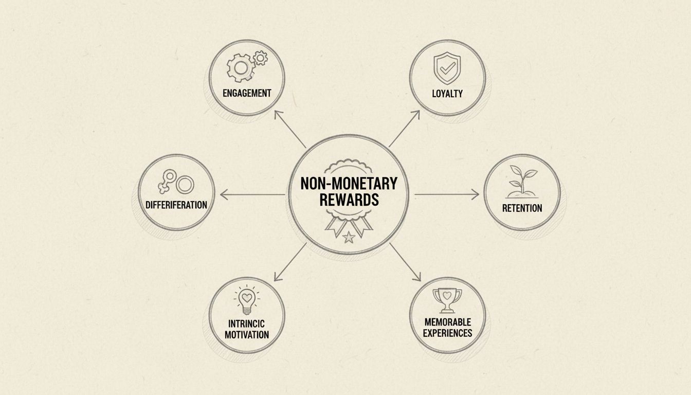 Hand-drawn diagram showing benefits of non-monetary rewards including loyalty, engagement, retention, differentiation, memorable experiences, and intrinsic motivation