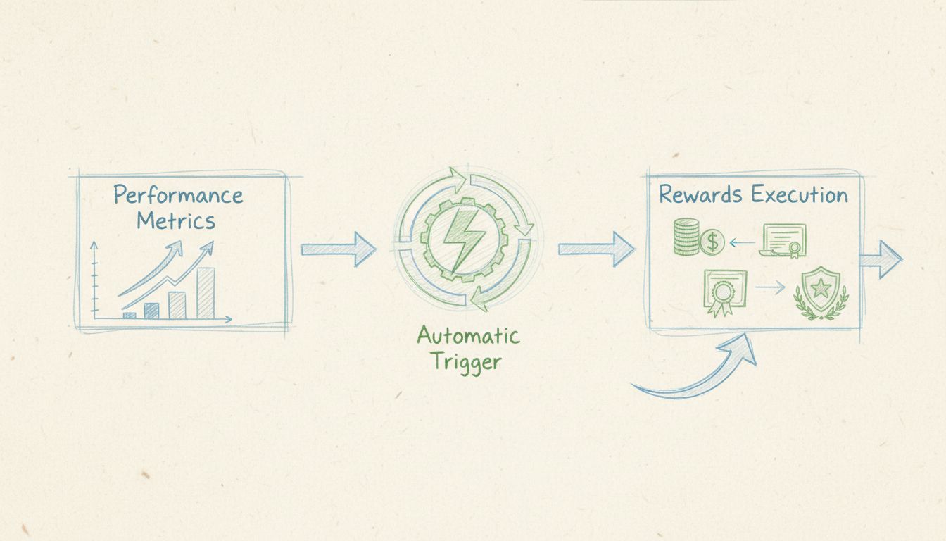 Diagrama del flujo de trabajo de un sistema de recompensas por desempeño mostrando el mecanismo de activación automática desde métricas hasta la ejecución de recompensas