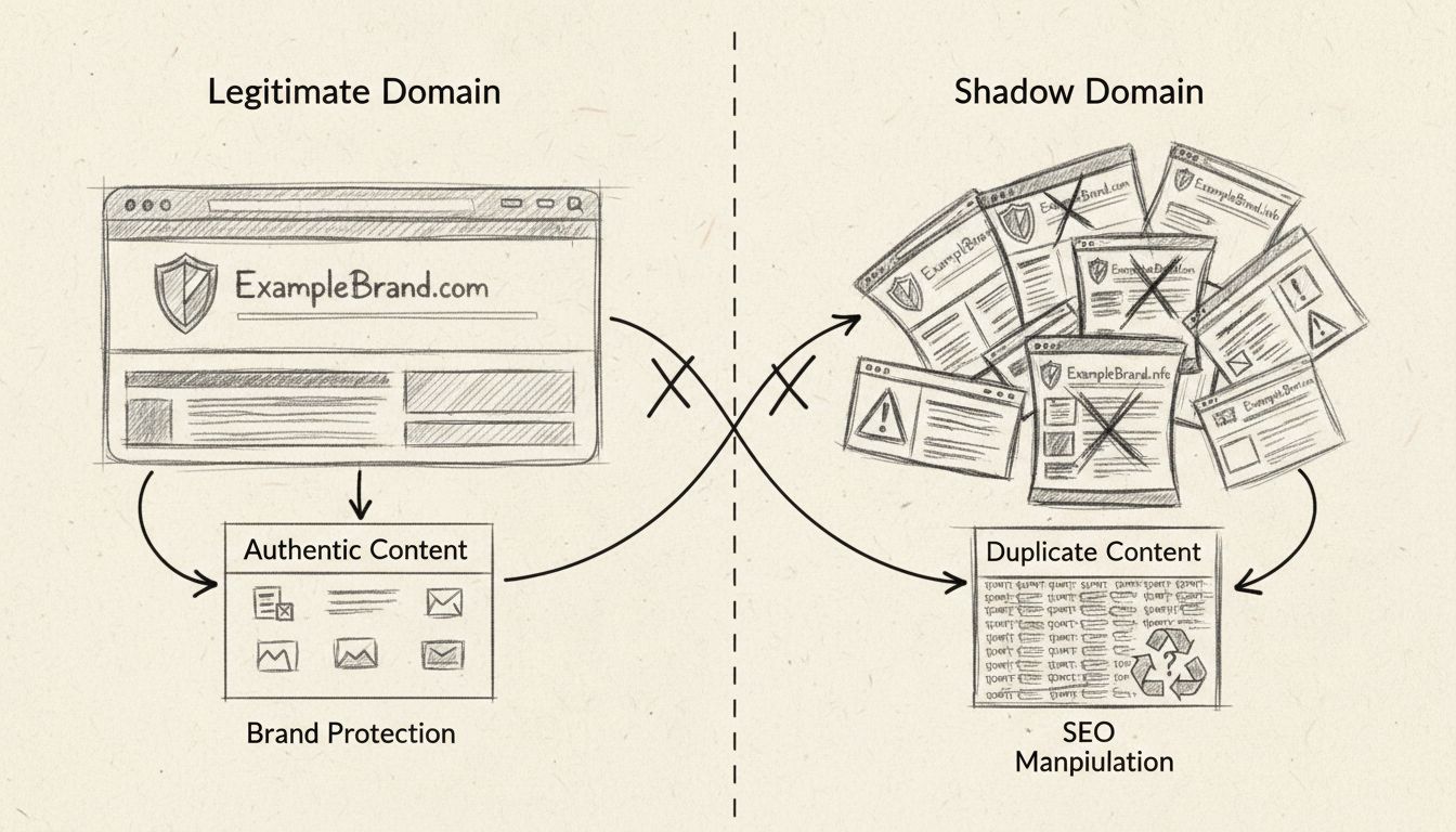 Hand-drawn diagram comparing legitimate domains versus shadow domains, showing differences in branding, content authenticity, and SEO practices