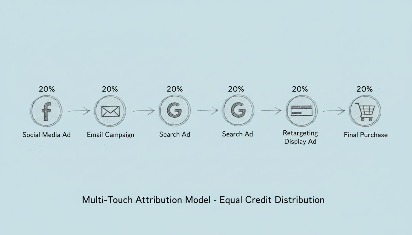 Diagrama del recorrido del cliente con atribución multi-touch mostrando la distribución equitativa del crédito entre cinco puntos de contacto de marketing