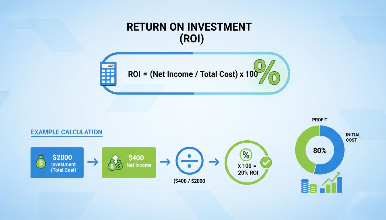 Infografía de fórmula de cálculo de ROI mostrando la fórmula ROI = (Ingreso Neto / Costo Total) x 100 con ejemplo de inversión de $2000 generando 20% de ROI