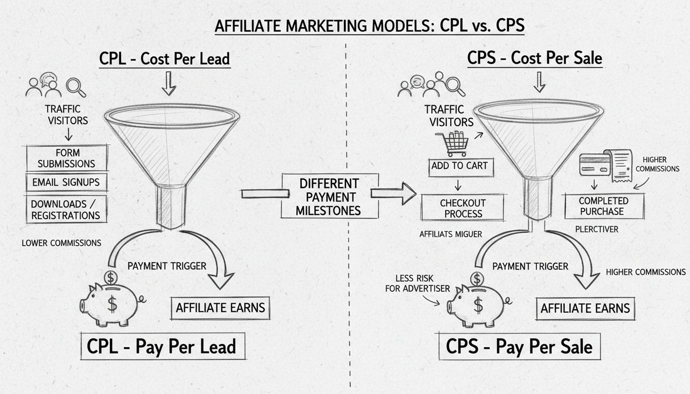 Hand-drawn diagram comparing CPL and CPS affiliate marketing models with payment triggers and conversion flows