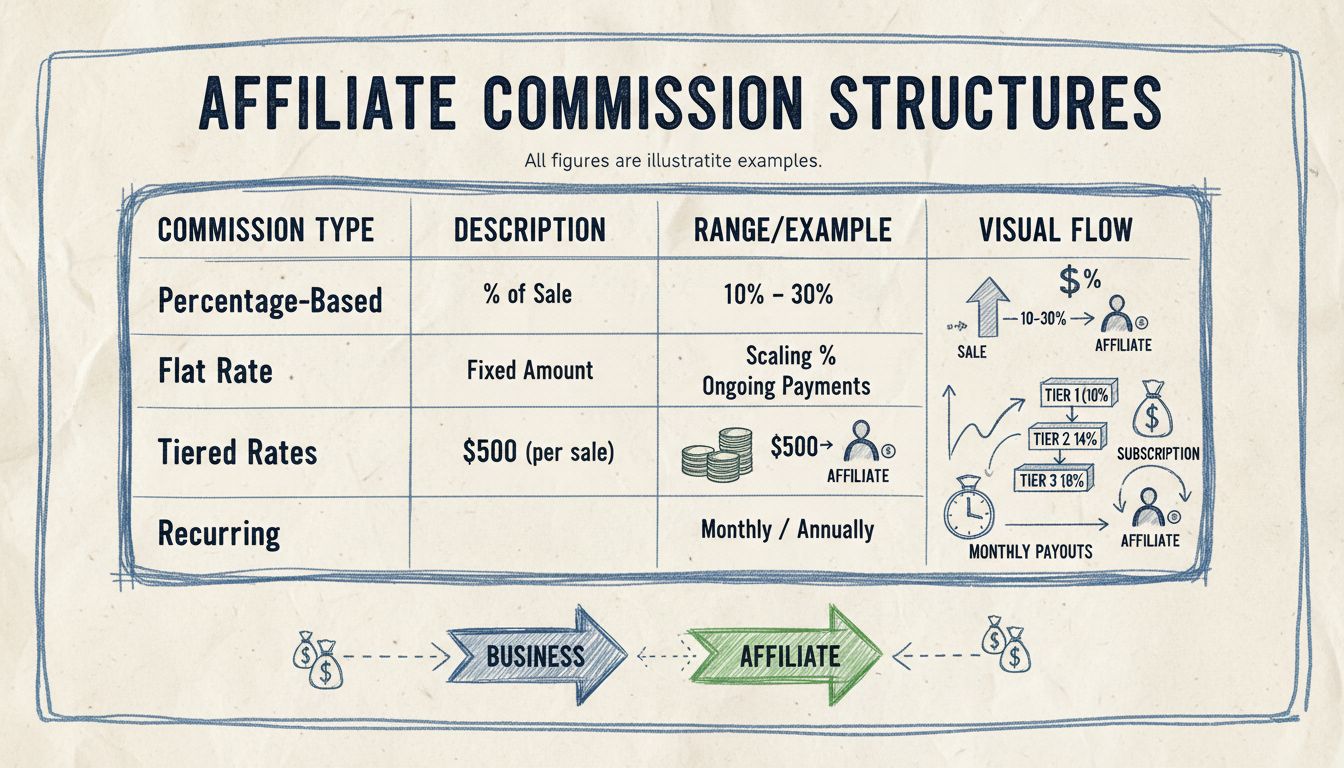 Comparación de estructuras de comisión para afiliados mostrando modelos de porcentaje, tarifa fija, escalonados y recurrentes con flujo visual de dinero entre la empresa y los afiliados