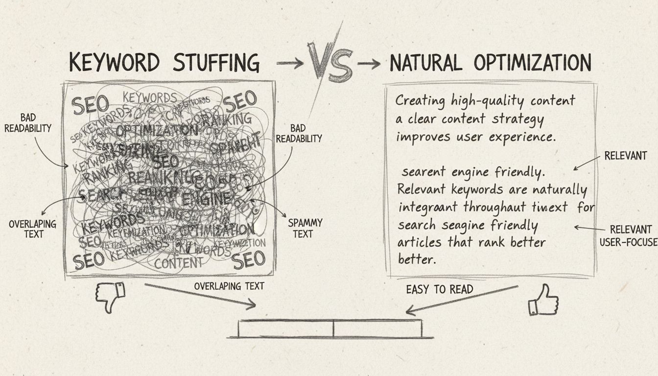 Diagrama comparativo mostrando keyword stuffing vs optimización natural de palabras clave con anotaciones estilo lápiz hechas a mano