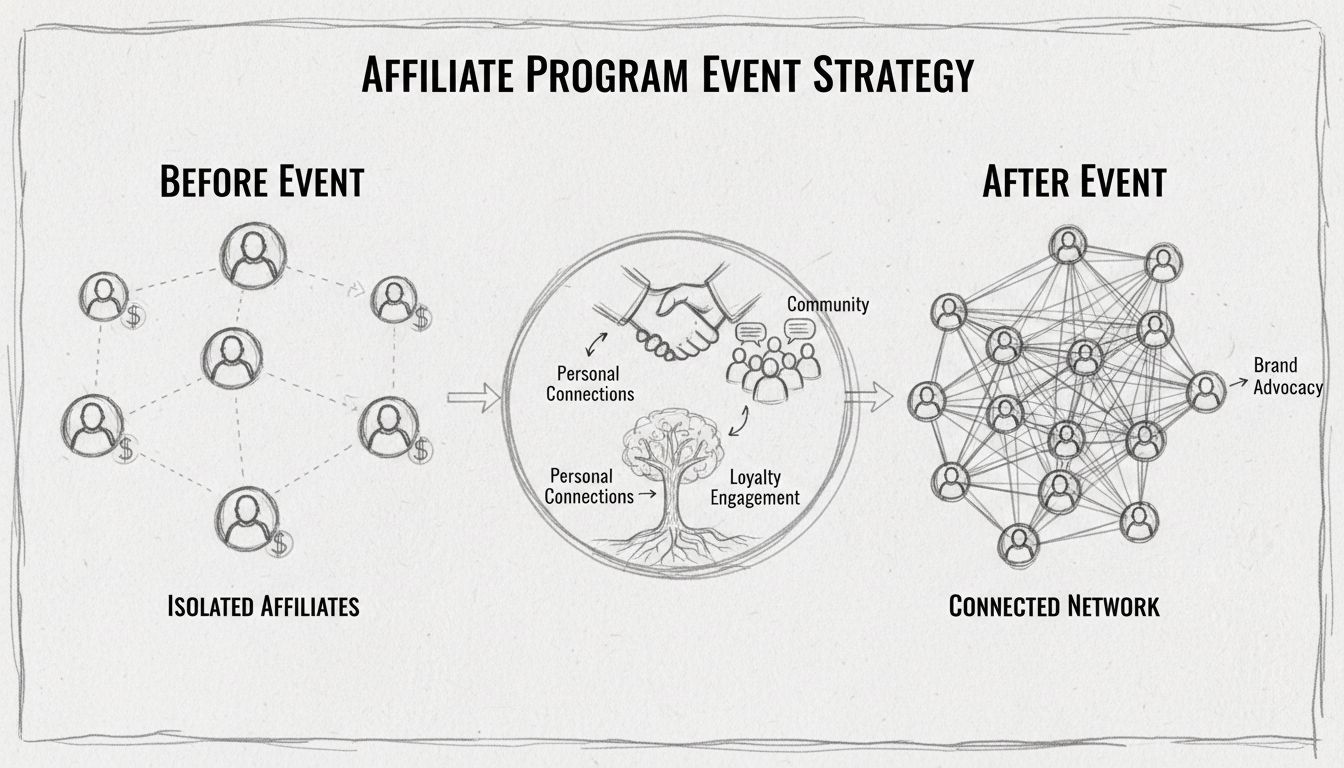Hand-drawn diagram showing affiliate program event strategy with before and after event networking visualization