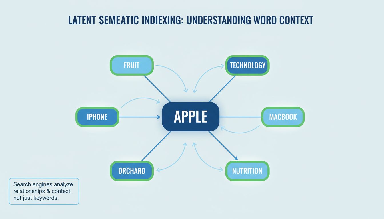 Diagrama conceptual de LSI mostrando relaciones semánticas entre palabras clave