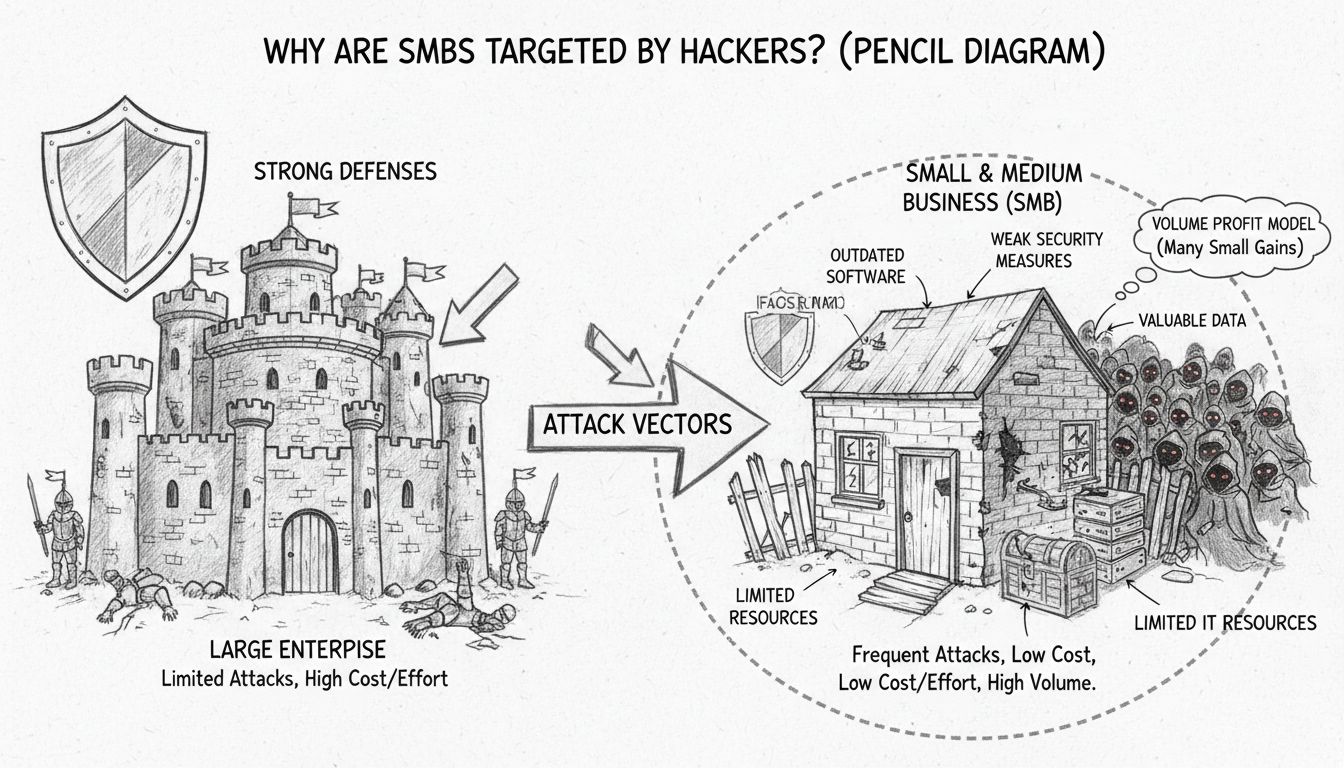 Diagrama dibujado a mano que muestra por qué las pymes son objetivo de los hackers, comparando la fortaleza de una empresa con las defensas débiles de las pymes, incluyendo elementos etiquetados como recursos de TI limitados, software desactualizado, medidas de seguridad débiles, datos valiosos, puntos de entrada fáciles y modelo de ganancia por volumen