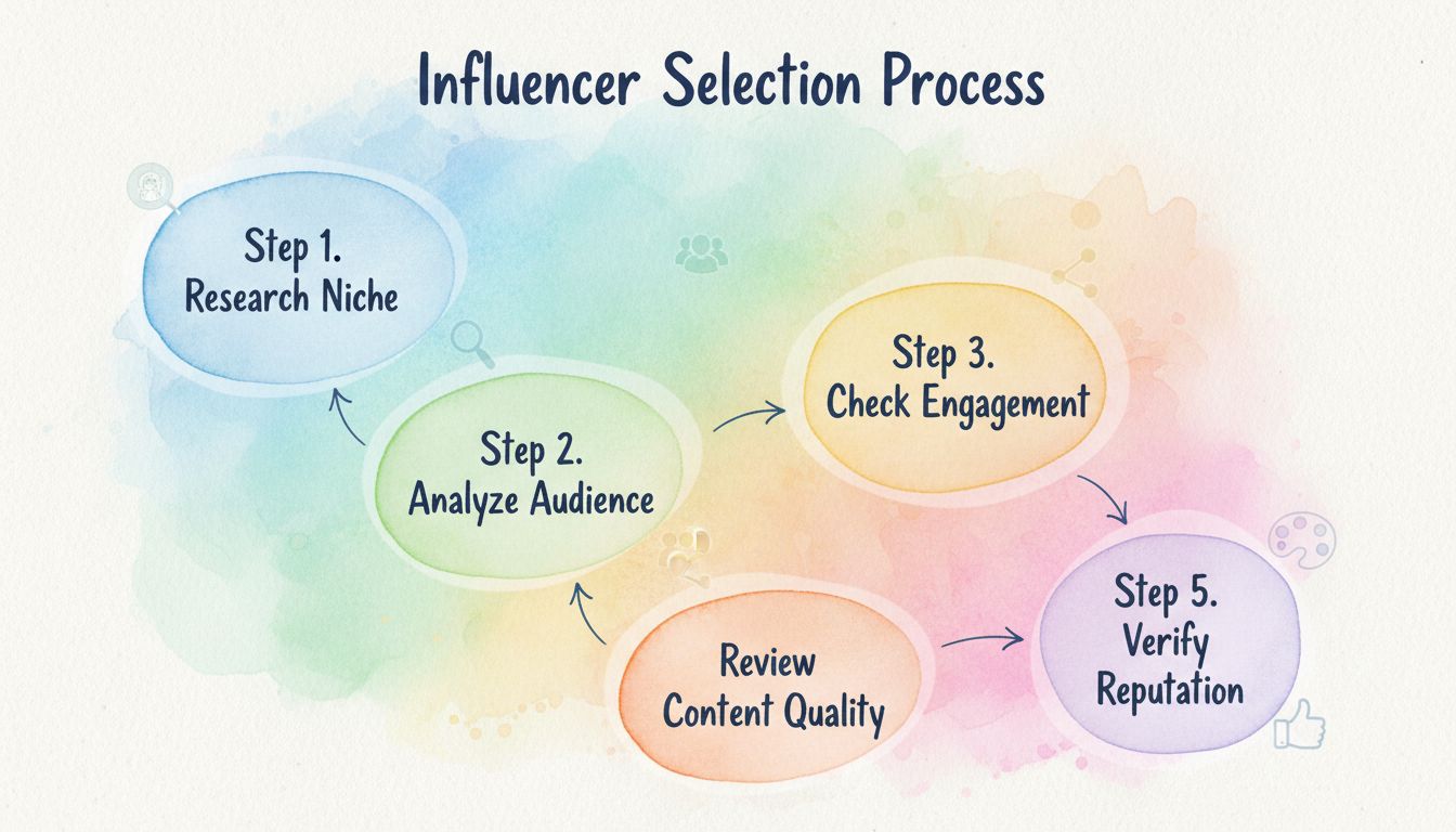 Diagrama de flujo del proceso de selección de influencers mostrando cinco pasos: investigar el nicho, analizar la audiencia, revisar el engagement, evaluar la calidad del contenido y verificar la reputación