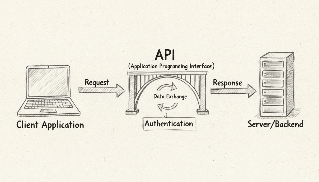 Diagrama dibujado a mano mostrando el flujo de comunicación API entre la aplicación cliente, el puente API y el servidor con flechas de solicitud y respuesta