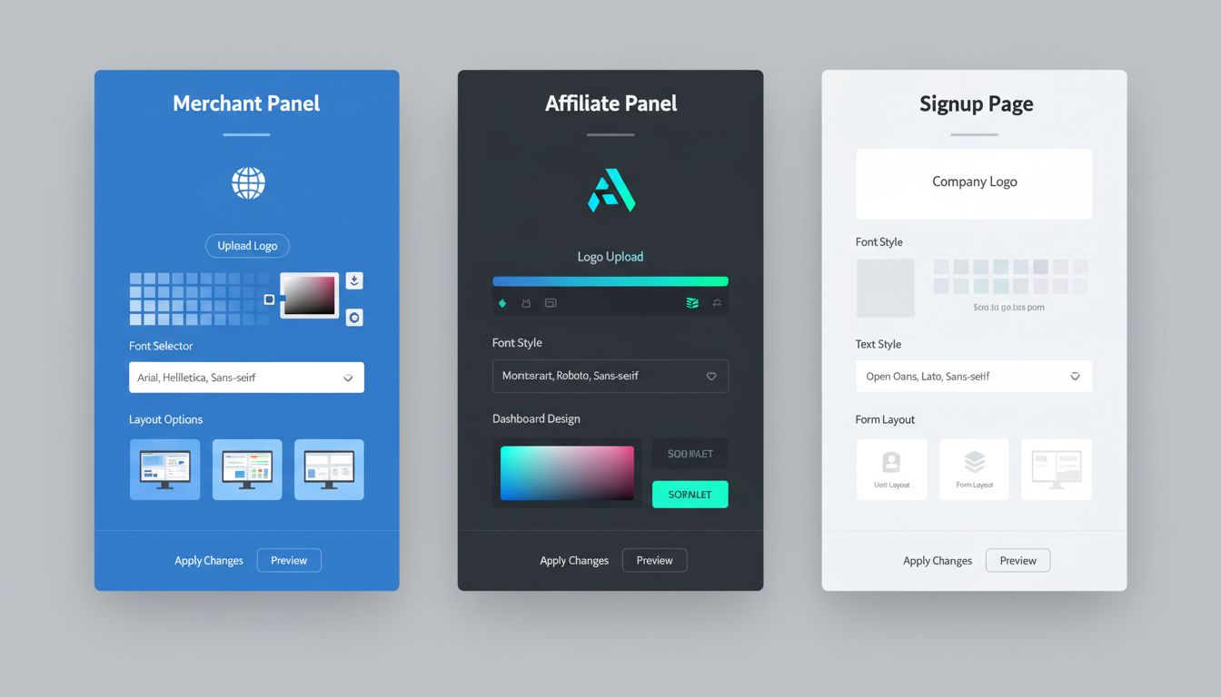 Interfaz de personalización de temas de Post Affiliate Pro mostrando opciones de personalización del Panel de Comerciante, Panel de Afiliado y Página de Registro con selectores de color, carga de logotipo y ajustes de diseño
