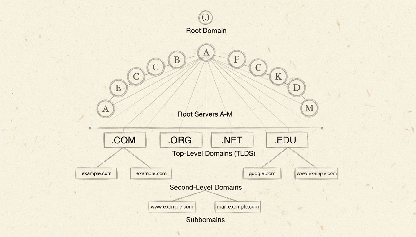 Estructura de la jerarquía DNS mostrando el dominio raíz, 13 servidores raíz, TLDs, dominios de segundo nivel y subdominios en una estructura de árbol