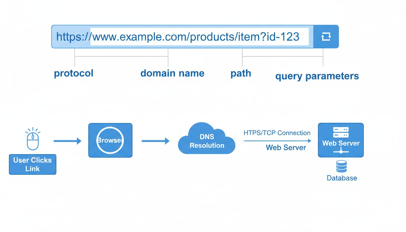Diagrama de la estructura de una URL que muestra los componentes de protocolo, dominio, ruta y parámetros