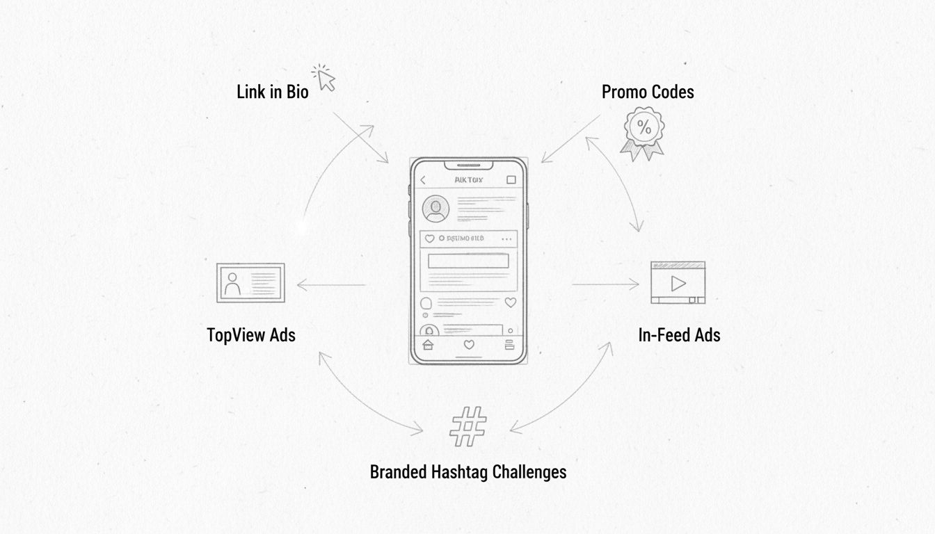 Diagrama de estrategia de marketing de afiliados en TikTok mostrando colocación de enlaces, códigos promocionales, anuncios TopView, anuncios In-Feed y desafíos de hashtags de marca