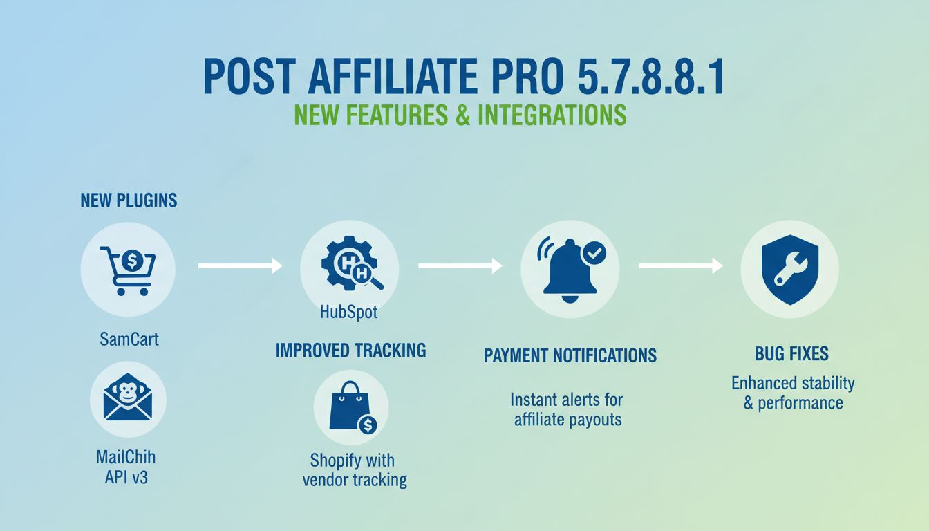 Infografía de nuevas funciones de Post Affiliate Pro 5.7.8.1 mostrando integraciones con SamCart, MailChimp API v3, HubSpot, Shopify y notificaciones de pago