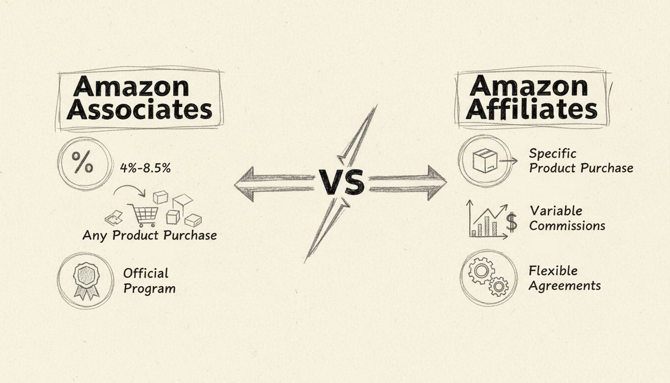 Diagrama comparativo hecho a mano de Amazon Associates vs Amazon Affiliates mostrando estructuras de comisiones y mecánicas de ganancias