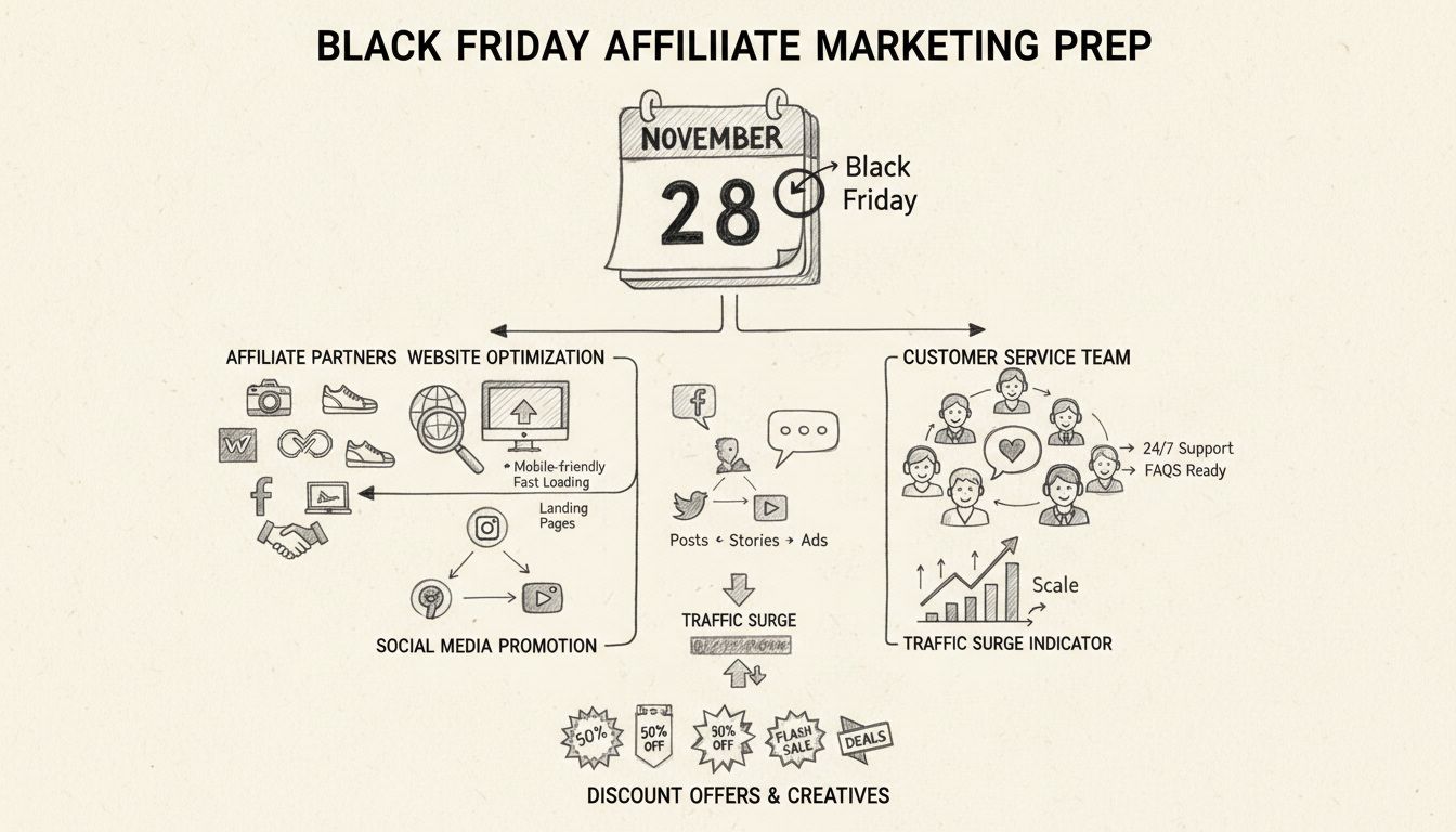 Checklist de preparación para marketing de afiliados en Black Friday con calendario, socios afiliados, optimización de sitio web, promoción en redes sociales, servicio al cliente e indicadores de aumento de tráfico