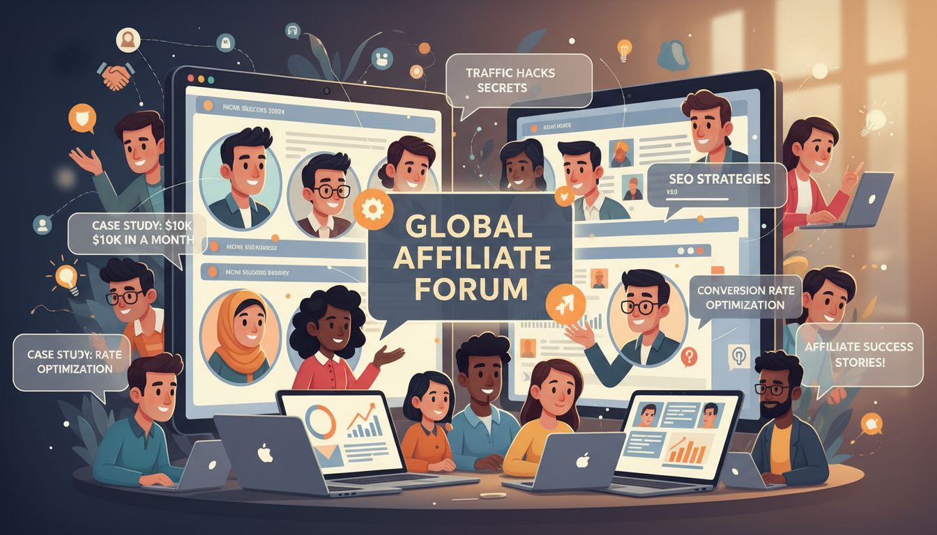 Diversos marketers de afiliados colaborando en una comunidad de foro en línea, debatiendo estrategias y compartiendo estudios de caso
