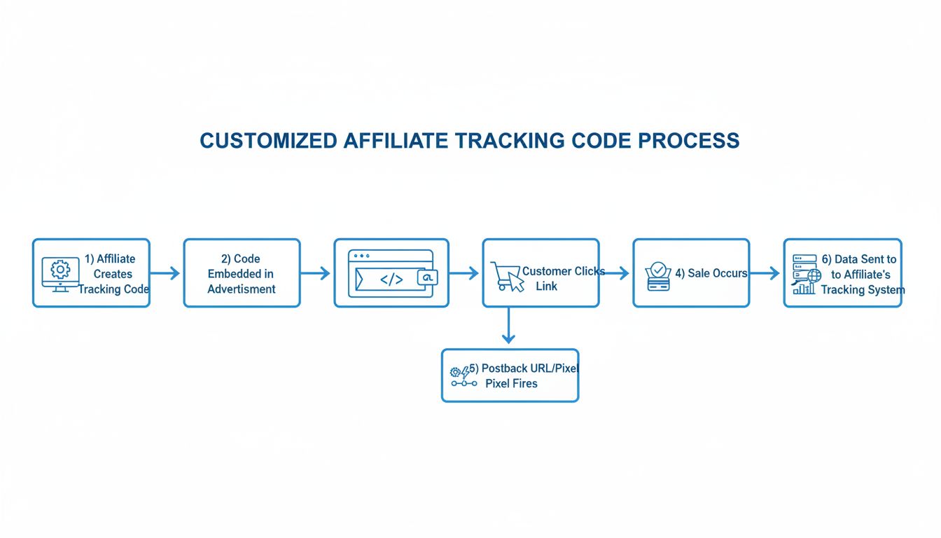 Diagrama de flujo de códigos de seguimiento de afiliados personalizados que muestra cómo se crean los códigos de seguimiento, se insertan en los anuncios y se activan al producirse ventas