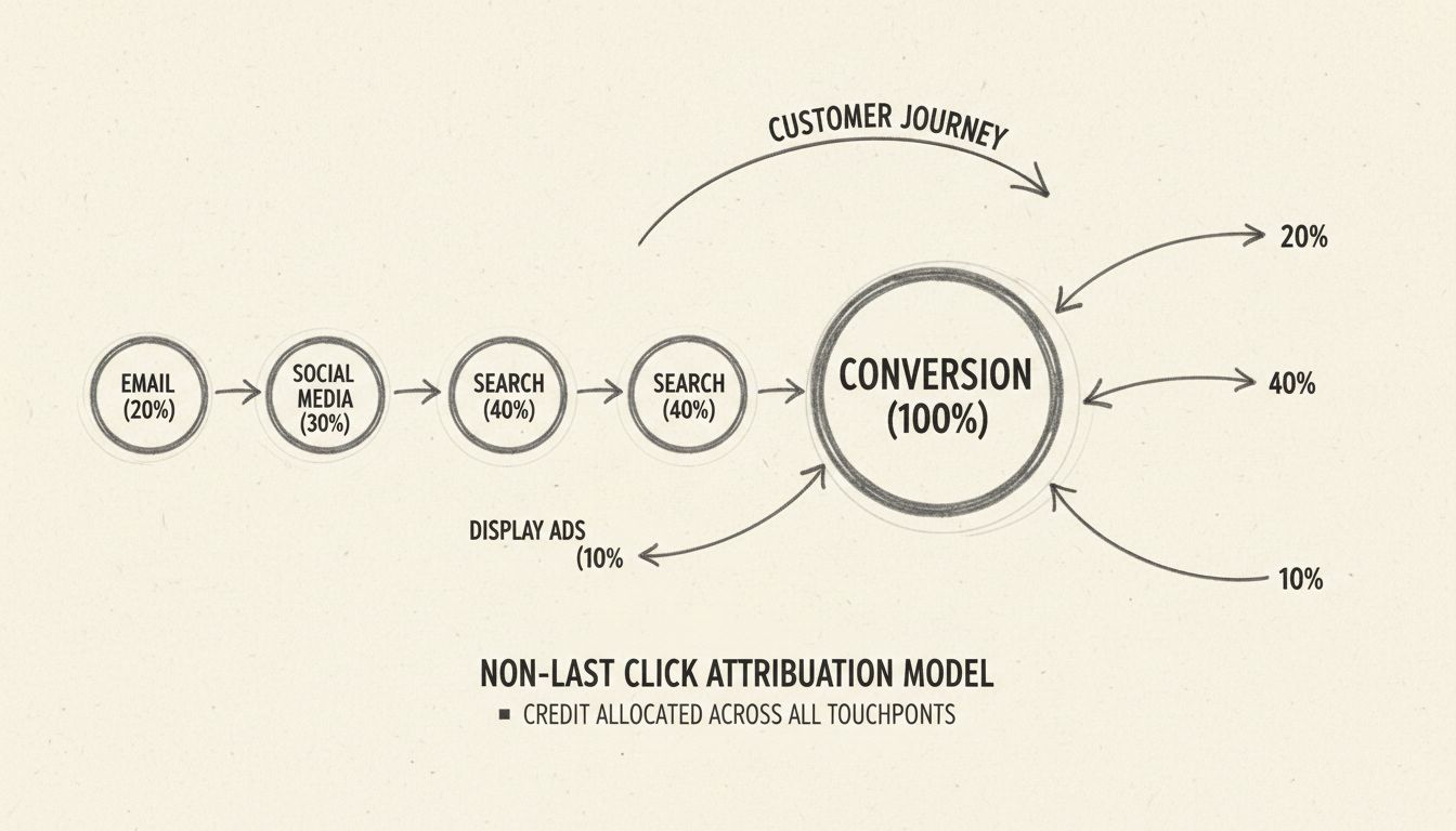 Diagrama del modelo de atribución que no es de último clic mostrando múltiples puntos de contacto de marketing con distribución de crédito entre canales