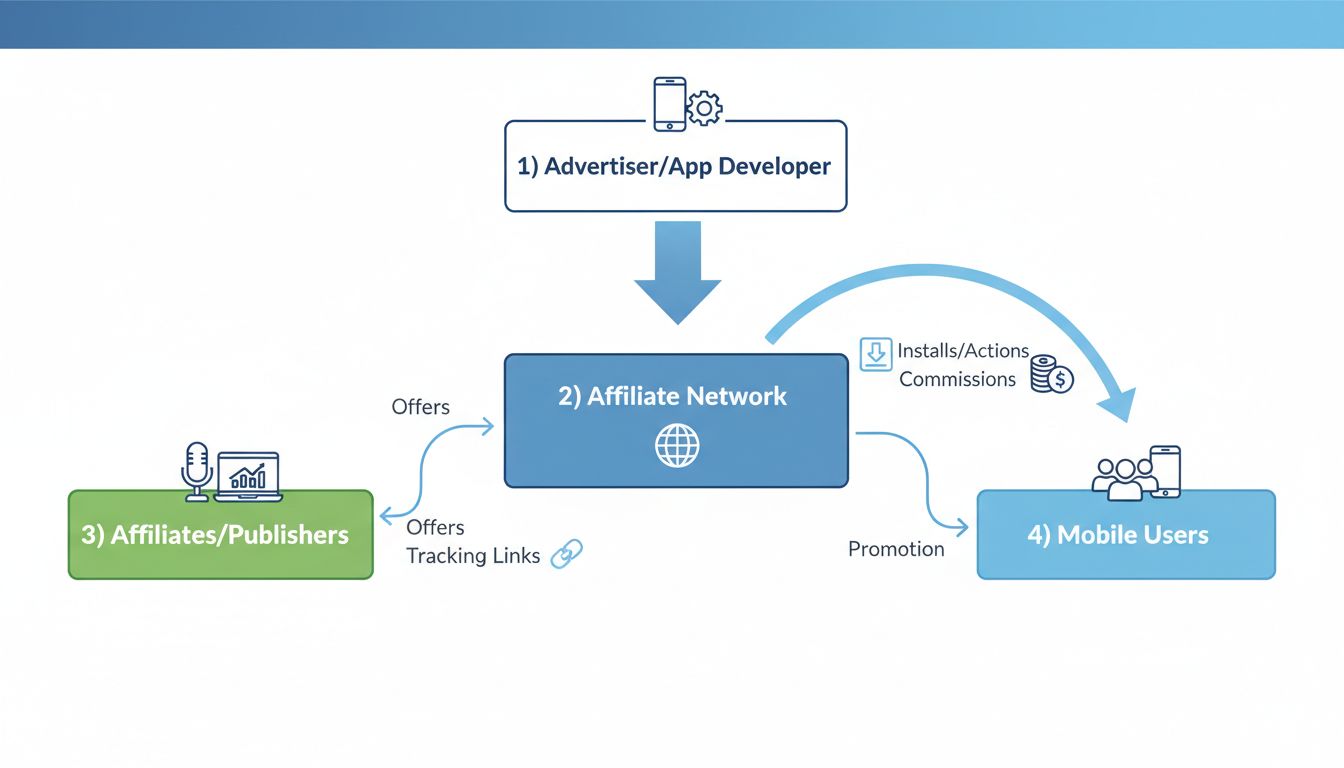 Diagrama del ecosistema de marketing de afiliados móvil mostrando el flujo entre anunciantes, redes de afiliados, afiliados y usuarios móviles