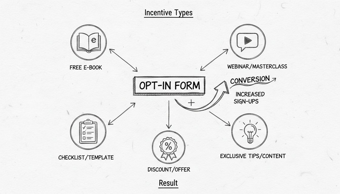 Diagrama hecho a mano mostrando incentivos efectivos en formularios de suscripción, incluyendo e-books, listas de verificación, webinars, consejos exclusivos y distintivos de descuento con flechas de conversión