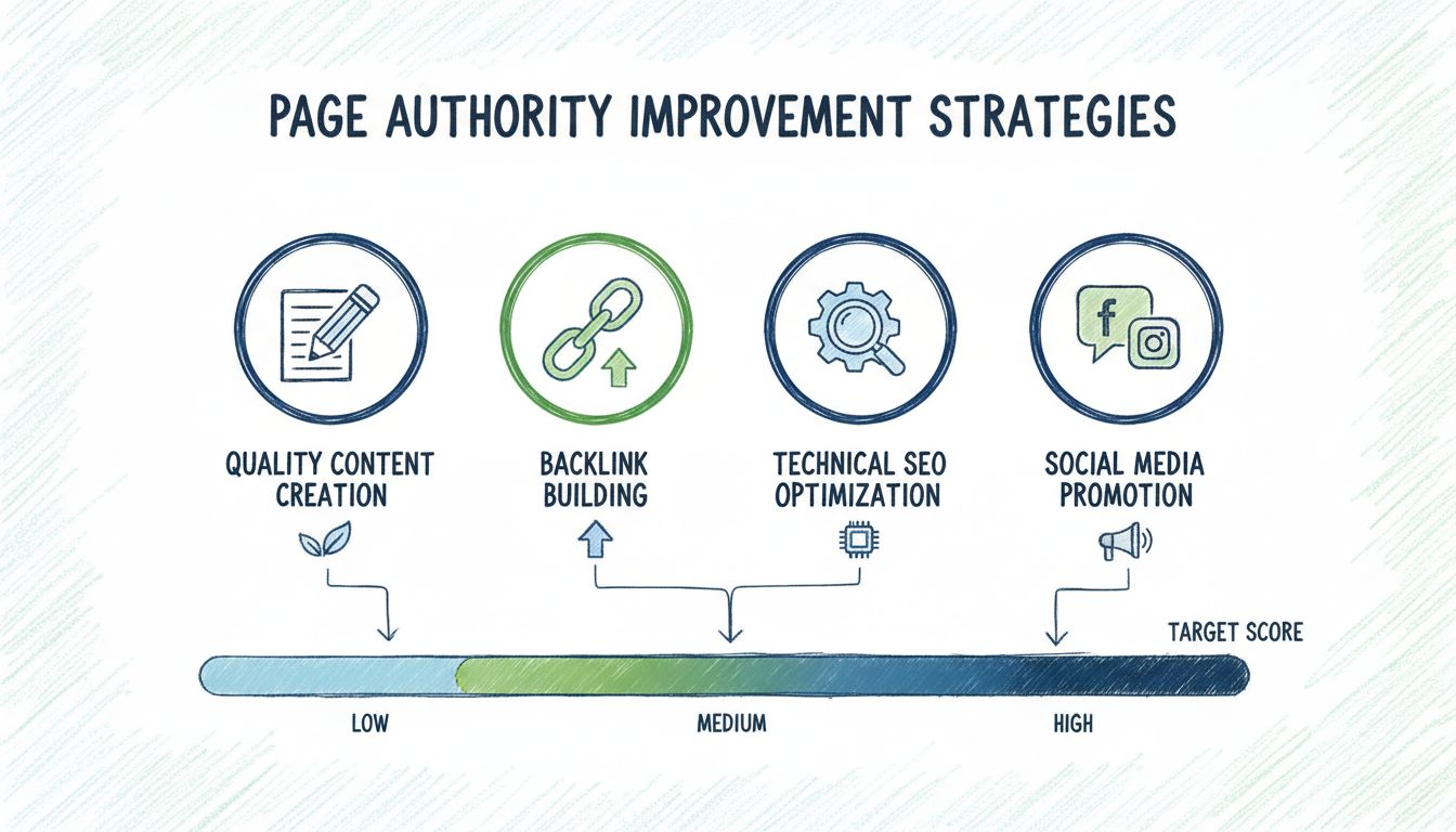 Infografía de estrategias para mejorar la autoridad de página mostrando creación de contenido de calidad, construcción de enlaces, optimización de SEO técnico y promoción en redes sociales con escala de puntuación PA