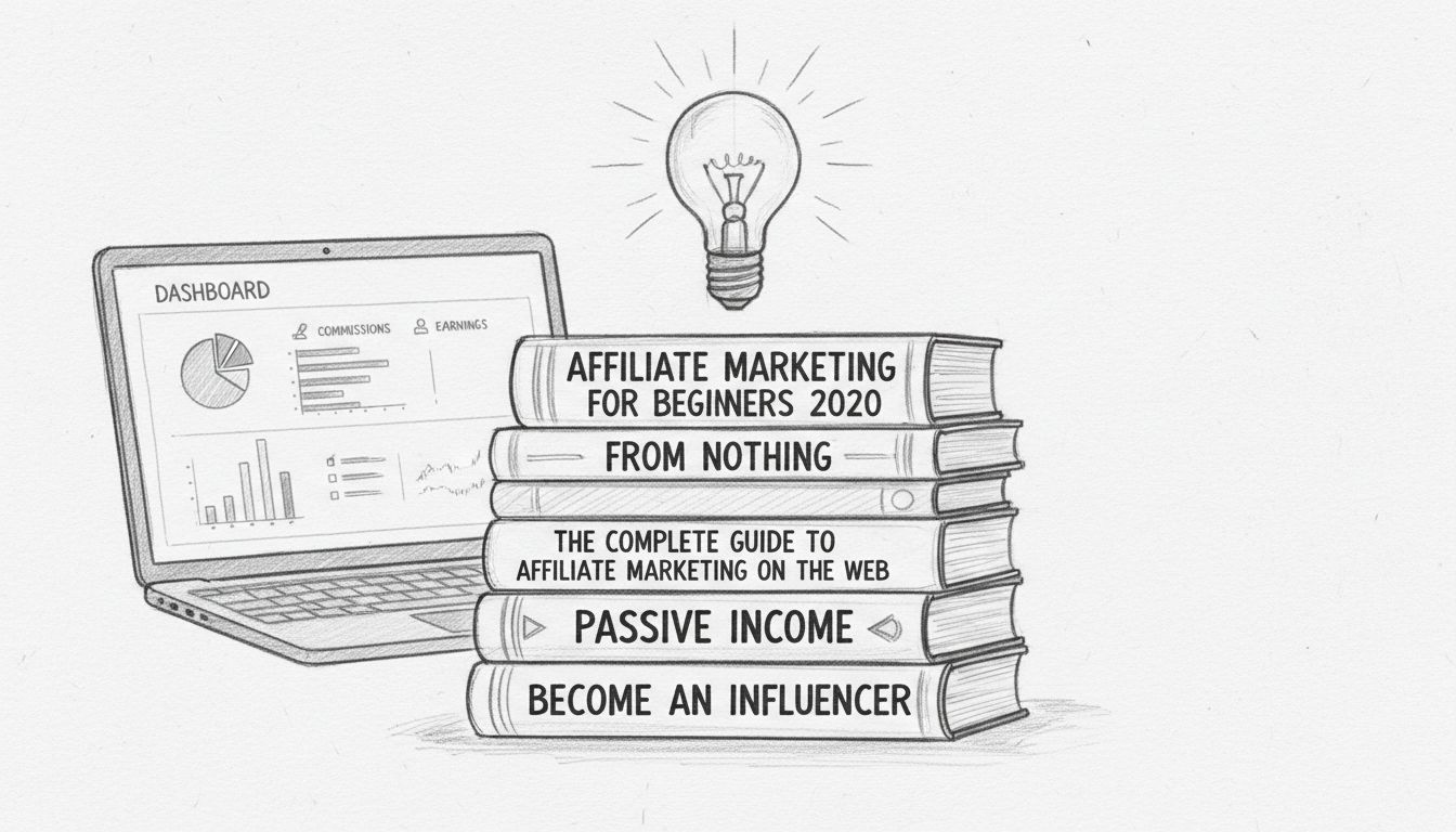 Pila de libros de marketing de afiliados con bombilla simbolizando aprendizaje y conocimiento