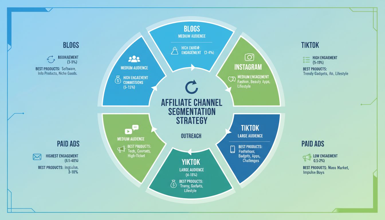 Estrategia de segmentación de canales de afiliados mostrando los 6 canales principales con tasas de participación y porcentajes de comisión