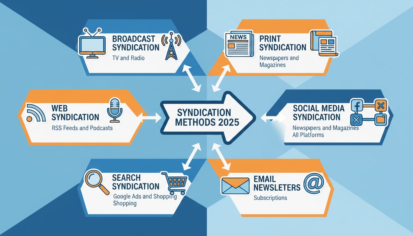 Infografía que muestra diferentes tipos de métodos de sindicación, incluyendo difusión, web, búsqueda, impresos, redes sociales y sindicación por correo electrónico