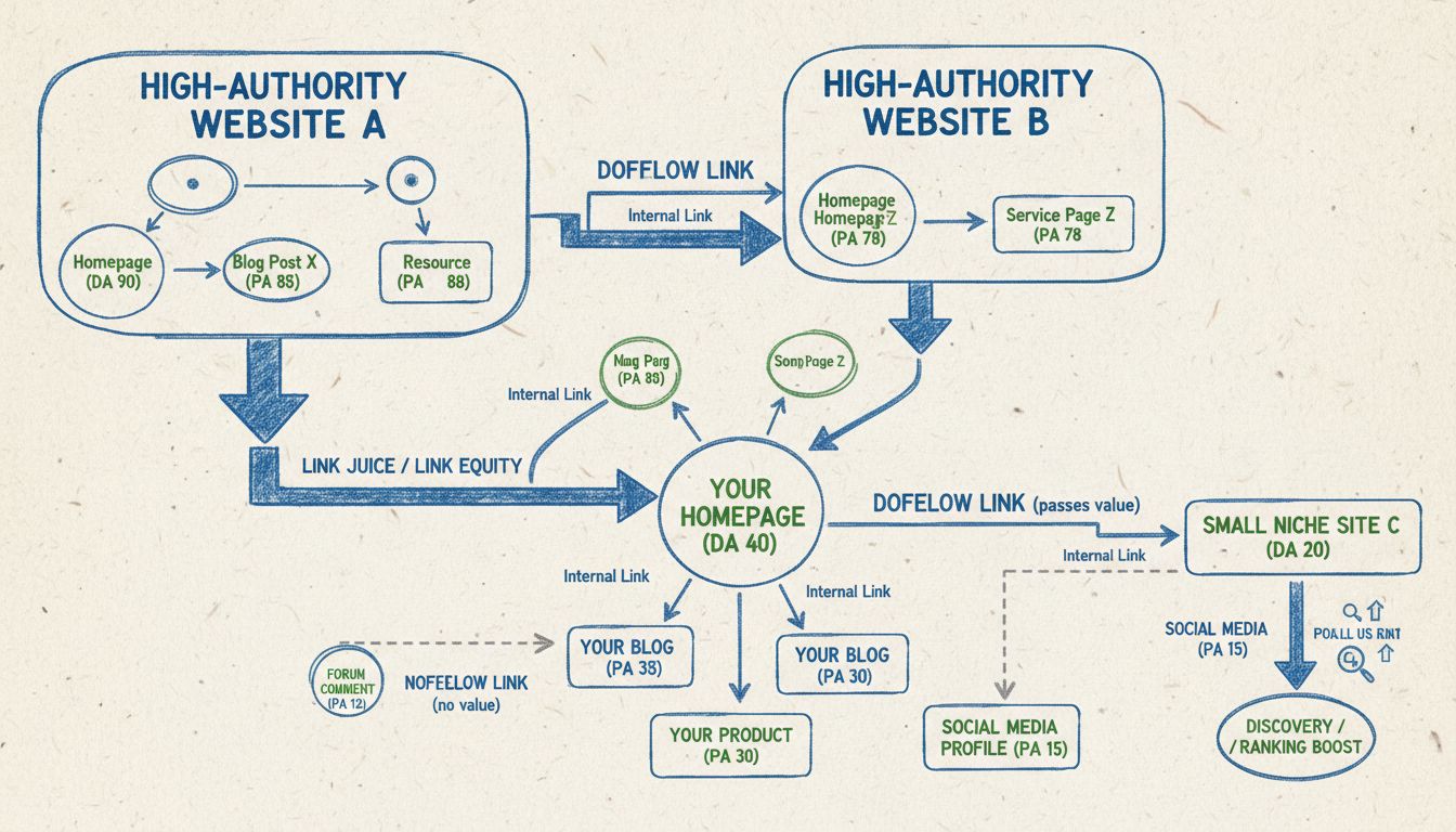 Diagrama técnico que muestra el flujo de link juice en SEO con enlaces dofollow y nofollow