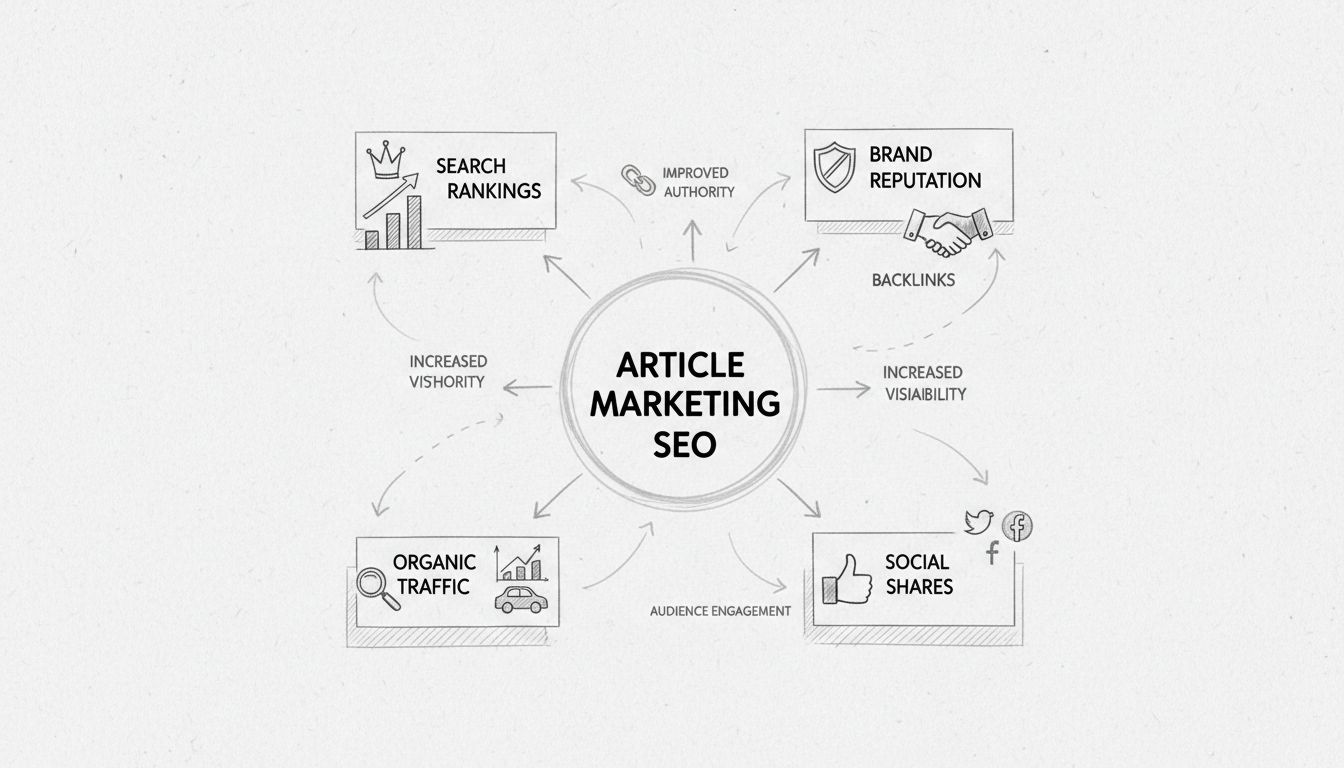 Diagrama hecho a mano que muestra la estrategia SEO de marketing de artículos con un eje central conectado a backlinks, reputación de marca, comparticiones sociales, tráfico orgánico y rankings de búsqueda