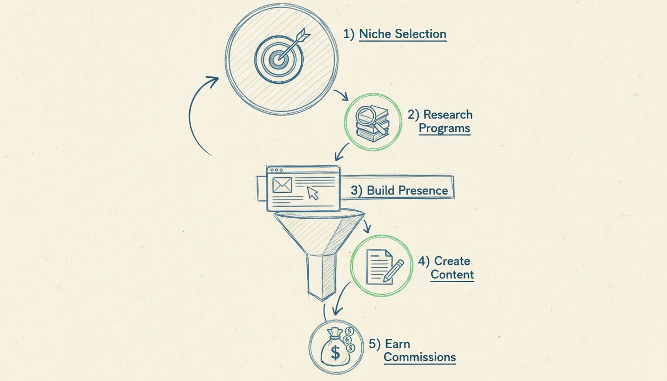 Embudo de marketing de afiliados de alto valor mostrando 5 etapas: selección de nicho, investigar programas, construir presencia, crear contenido y ganar comisiones