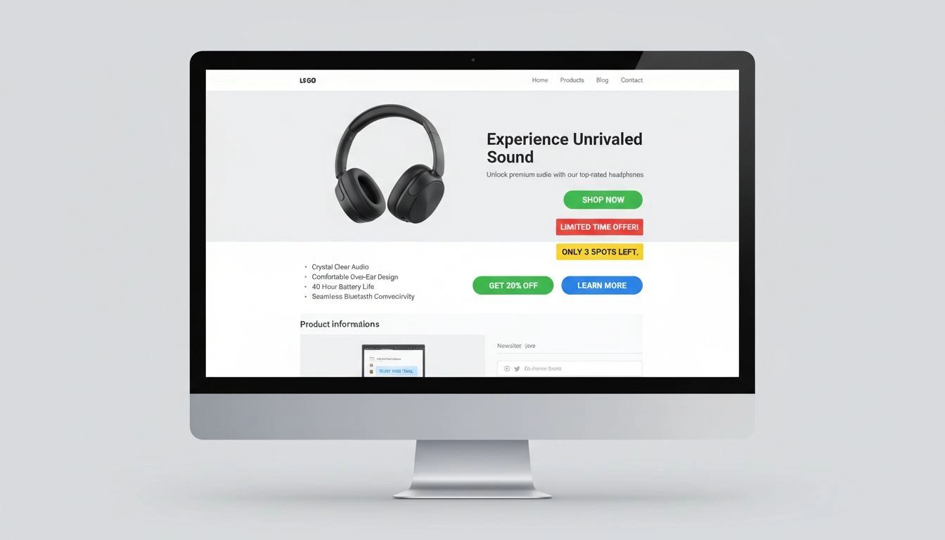 Página de aterrizaje profesional de marketing de afiliados mostrando varios ejemplos de botones de CTA con mensajes de urgencia y ubicación adecuada