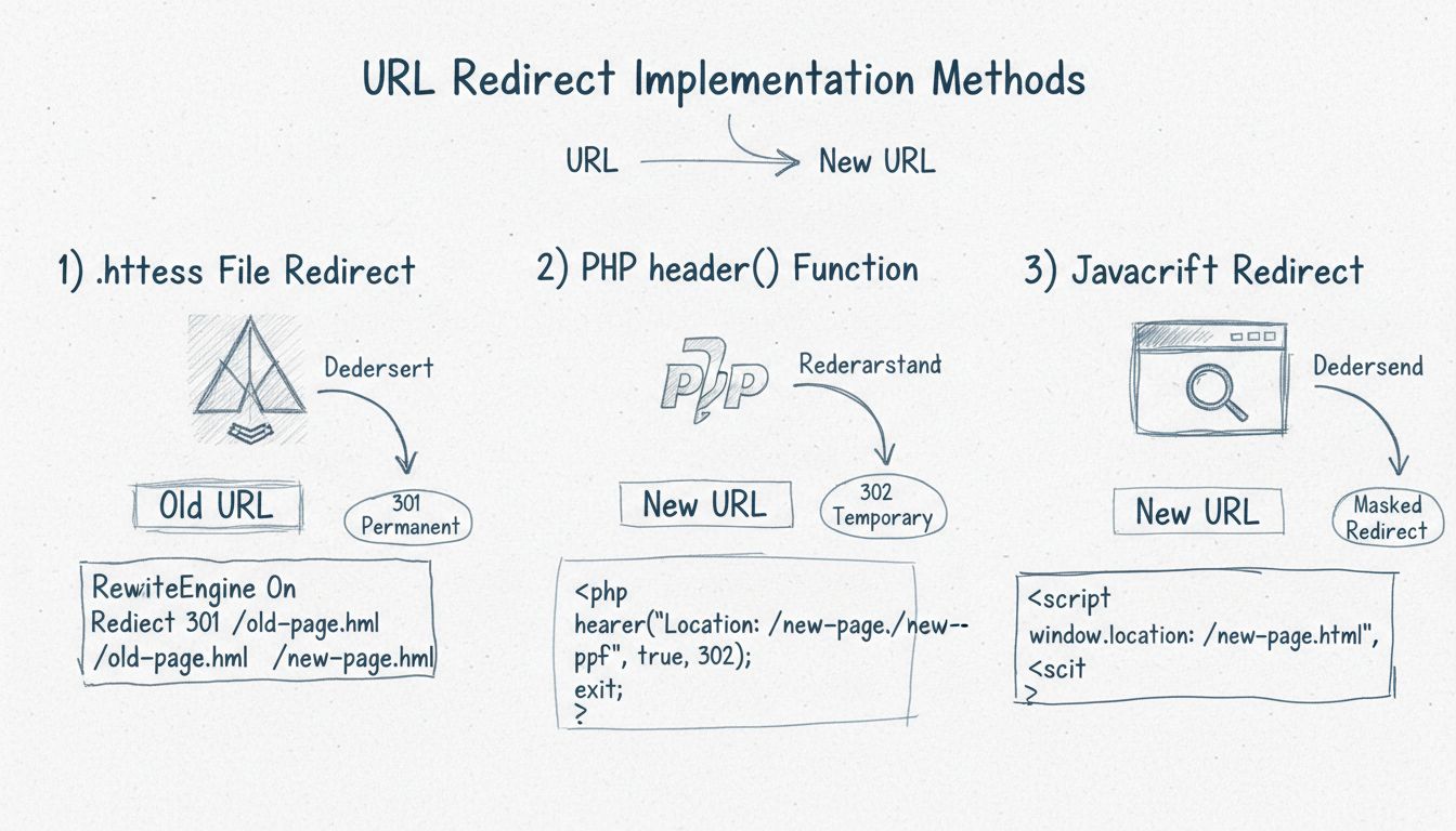 Diagrama de métodos de implementación de redirecciones de URL que muestra las técnicas de redirección .htaccess, función header de PHP y JavaScript con tipos de redirección 301 permanente y 302 temporal