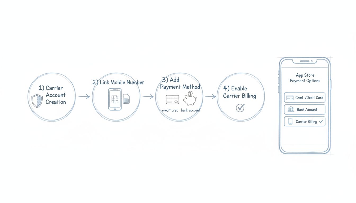 Diagrama del proceso de configuración de la facturación móvil mostrando cuatro pasos: creación de cuenta del operador, vinculación de número móvil, añadir método de pago y habilitar la facturación del operador