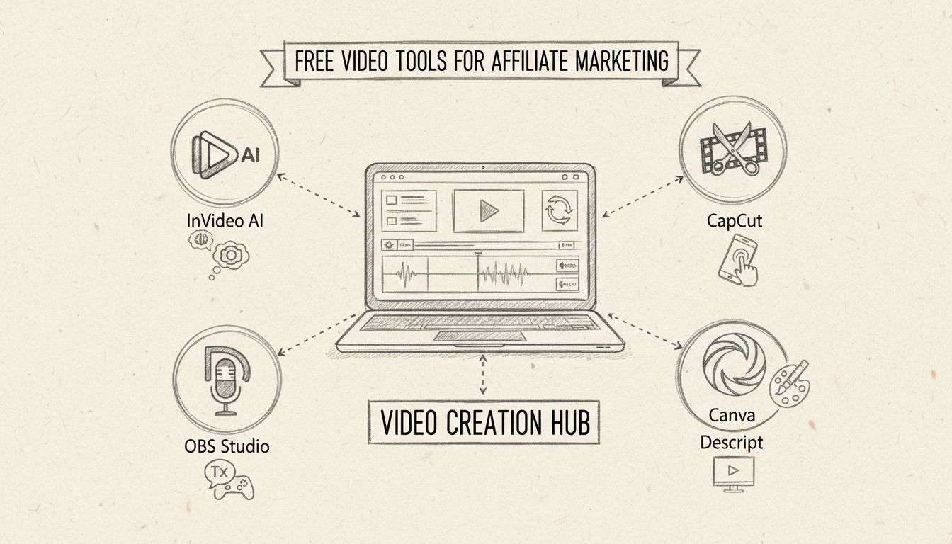 Herramientas gratuitas para crear videos en marketing de afiliados como Invideo AI, CapCut, Canva, Descript y OBS Studio