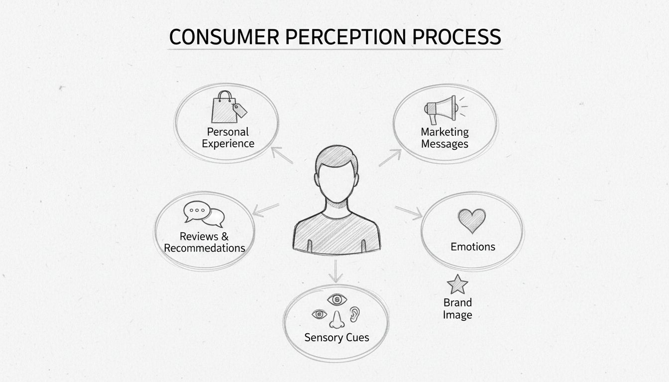 Diagrama del proceso de percepción del consumidor que muestra cómo la experiencia personal, los mensajes de marketing, las reseñas, las emociones, las señales sensoriales y la imagen de marca influyen en la percepción del cliente