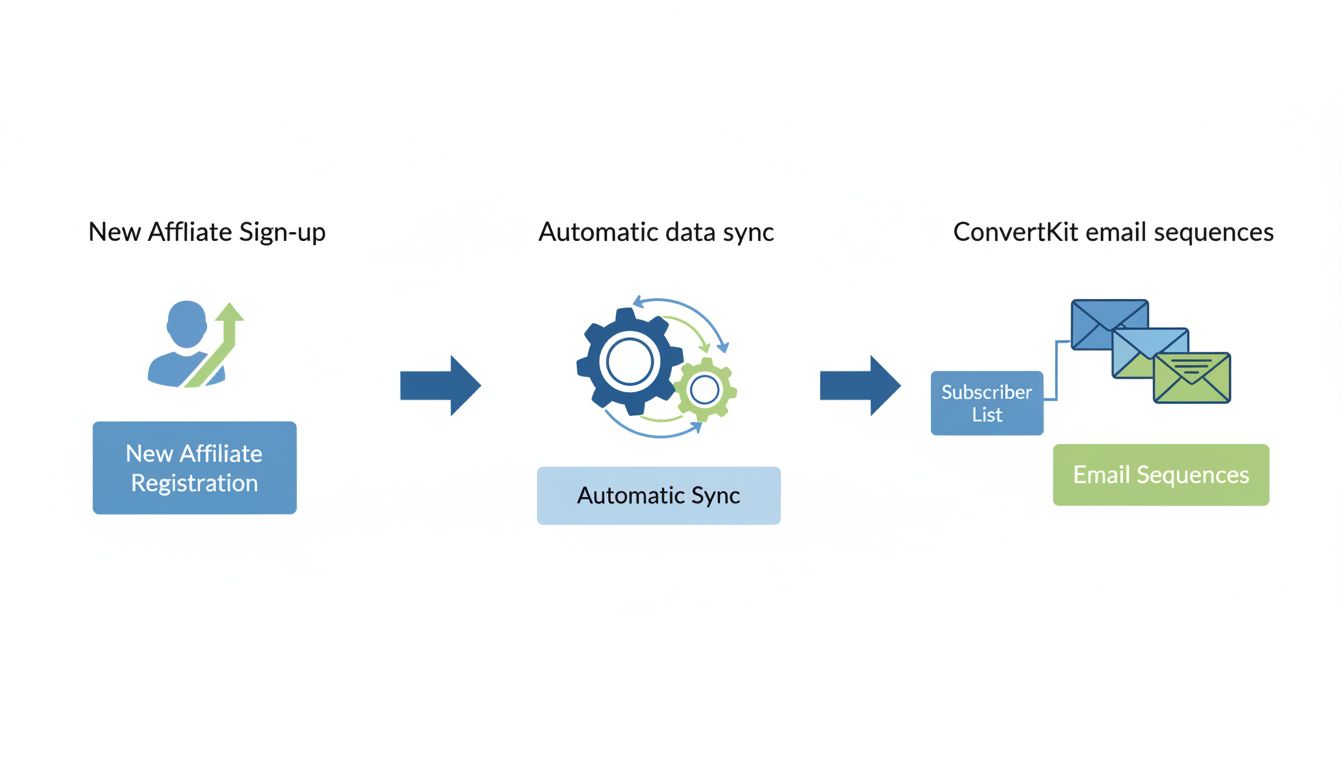 Flujo de trabajo de integración de ConvertKit mostrando el registro automático de afiliados, sincronización de datos y automatización de secuencias de emails