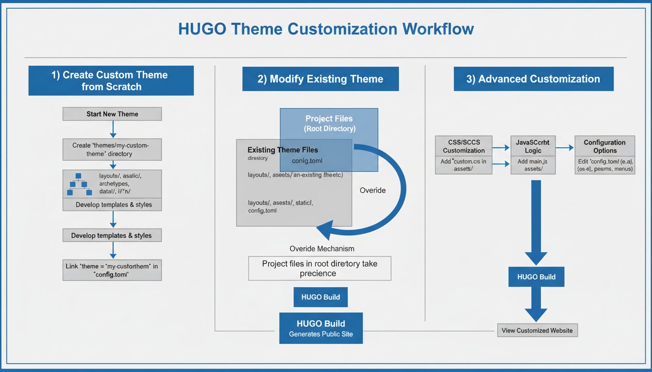 Flujo de trabajo de personalización de temas HUGO mostrando tres caminos: crear un tema personalizado desde cero, modificar un tema existente y opciones de personalización avanzada