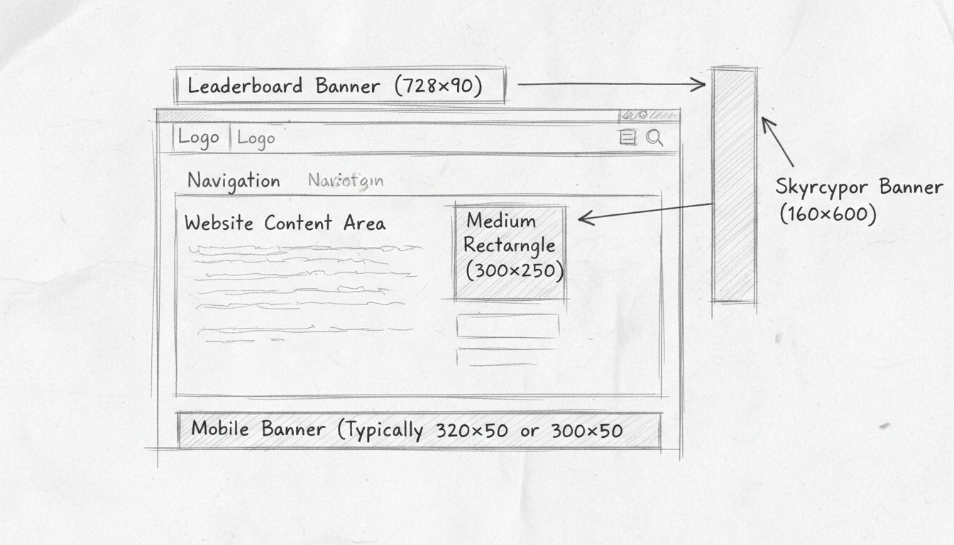 Diagrama dibujado a mano que muestra diferentes tipos de banners publicitarios y ubicaciones en un diseño de sitio web, incluidos leaderboard, skyscraper, rectángulo mediano y banners móviles