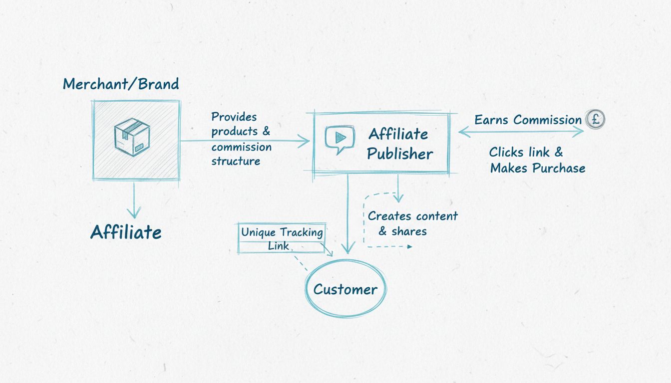 Diagrama del flujo del marketing de afiliados mostrando la relación entre comerciante, afiliado y cliente con enlaces de seguimiento y flujo de comisión
