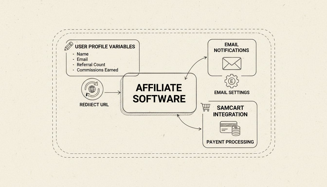 Diagrama técnico que muestra variables de perfil de usuario, notificaciones por email y funciones de integración con Samcart en el software de afiliados