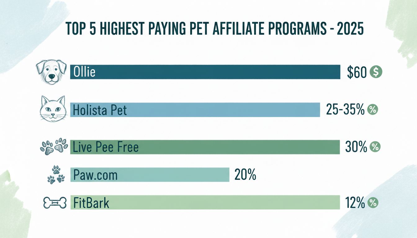 Infografía comparativa de los 5 mejores programas de afiliados para mascotas con mayores comisiones en 2025, mostrando Ollie $60, Holista Pet 25-35%, Live Pee Free 30%, Paw.com 20% y FitBark 12% de comisión