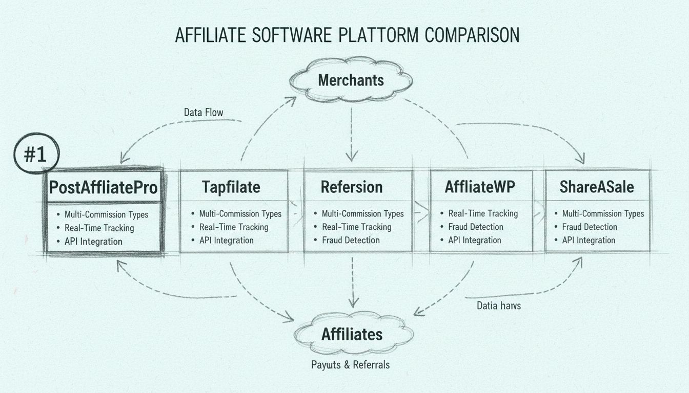 Diagrama comparativo de las principales plataformas de software de afiliados, incluyendo PostAffiliatePro, Tapfiliate, Refersion, AffiliateWP y ShareASale, con las características clave destacadas